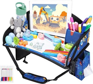 $22 Kids Travel Tray for Toddler Car Seat, Road Trip Activities for Kid  Toddler Car Activities with No-Drop iPad Holder Stand, Roadtrip Essentials with Dry Erase Board & Cooler Cup Holder, Blue