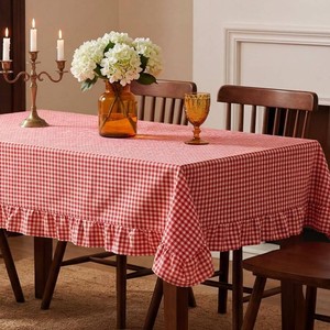 $35 Red Gingham Ruffled Tablecloth, 60 x 120 Inches, Rectangle  Decorative Checkered Plaid Table Cloth, Washable Cotton Linen, Vintage Farmhouse Table Cover for Picnics Dining Party Decor