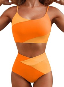 $30 Herseas Women High Waisted Tummy Control Bikini Set Beach Summer Crop Top Swimsuit 2 Piece Bathing Suits 2025 for Teen Girls Orange Medium