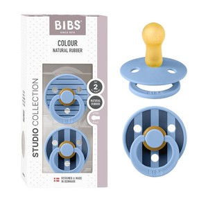 BIBS Colour Pacifier, 6-18 Months, 2-Pack, Round Nipple, Pin Sky Blue  Natural Rubber  Size 2  BPA-Free  Made in Denmark  High Nipple Acceptance  Airflow Holes  Comfort Shield