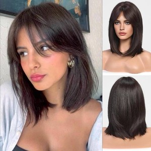 $26 HAIRCUBE Dark Brown Wigs for Woemn Straight Wig with Curtain Bangs Shoulder Length Natural Synthetic Wig for Daily Use