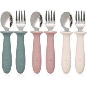 VITEVER 6 Pieces Toddler Utensils, Kids Silverware Set with Silicone Handle, Children Safe Spoons and Forks, 188 Stainless Steel, Food-grade Silicone - Dishwasher Safe