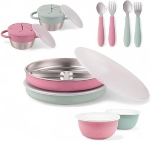 $60 Elk and Friends Kids Stainless Steel Mealtime Bundle  Plates, Bowls, Snack Cups  Toddler Utensils  Silicone Sleeves  Travel Storage Lids  For Meals  Snacks  Dishwasher Safe