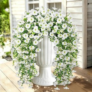 Artificial Hanging Flowers for Outdoors, 2 PCS 300 Blooms UV Resistant Morning Glory Faux Silk Vines, No-Odor Realistic Fake Plants for Garden Planter Porch Patio Decoration, White
