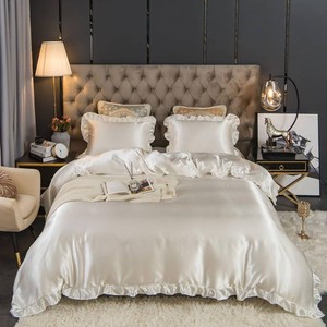 $45 White Satin Duvet Cover Queen Ruffled Fringe Duvet Cover Set Solid Color Vintage Luxury Farmhouse Bedding Set 3Pcs Boho Ruffled Comforter Cover Set with Zipper and Ties(No Comforter)