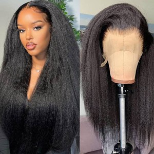 $76 GOLFMAX Kinky Straight Lace Front Wigs Human Hair Pre Plucked With Baby Hairs 180% Density Yaki Straight 13x4 Transparent HD Glueless Lace Wig Human Hair Wigs For Black Women 24 Inch