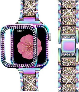 SUPOIX Compatible with Apple Watch Band S11S10 42mm  Case, Women Jewelry Bling Diamond Metal Strap & 2P Cover Cases for iWatch Series 1110(Colorful,42mm)