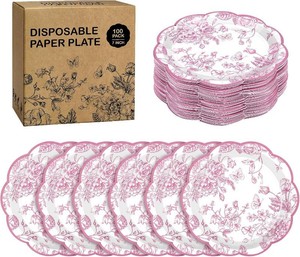 Kochorie 100 Pieces Pink Flower Paper Plates 7 Inches Disposable Floral Paper Plates Scalloped Pink and White Chinoiserie Vintage Flower Dessert Plates for Wedding Birthday Holiday Party Supplies