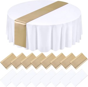 $29 Tudomro 16 Pcs White and Champagne Round Plastic Tablecloth and Satin Table Runner Set 84 Inch Round Covers 12 x 108 Inch Table Runners for Christmas Wedding Birthday Party Baby Shower