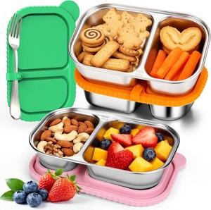 Palksky Snack Containers with Silicone Lids, Stainless Steel 2 Compartment Snack Box for Adults, Reusable Snackle Box Container with Utensil Clip, Snack Prep Containers for Travel & Office (3 Packs)
