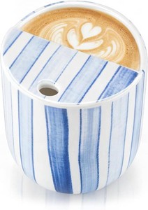 Ceramic Mug with Sip Hole 10 oz Novelty Blue Striped Ceramic Coffee Mug Hand Painted Travel Mugs Heat Resistant Non Slip Built in One Lid Handcraft Mugs for Coffee Lovers Appreciation Gift