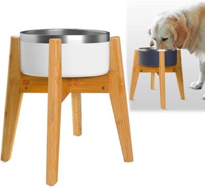 $25 Dog Bowl Stand (14-inch High) - Ideal for Large Breeds, Use to Elevate, Raise Pet Dishes, Water Fountains and Slow Feeders - Adjustable Sideways, Bamboo - (Bowls not Included)