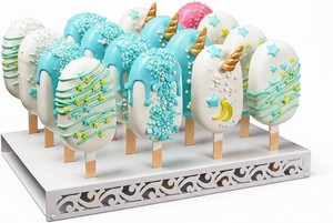 Metal Cakesicle Display Stand with Vine Pattern, 16 Holes, 10.24 x 7.09 x 1.06 Inch, Pre-Assembled Party and Wedding Dessert Holder (White)