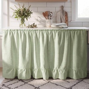 $24 VitalCozy Cabinet Curtain 28 W x 51 L Sink Skirt for Bathroom Kitchen Sage Green Stripes Ruffles Spring Short Curtain for Home Classroom Farmhouse Drape Under Desk Privacy Drape for Laundry Room