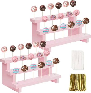 $25 Wood Cake Pop Stands, 3 Tier Lollipop Holders with Twist Ties Lollipop Sticks, Sucker Display Riser for Dessert Table of Wedding Birthday Party (Pink-2P-17 Hole) (stands only)