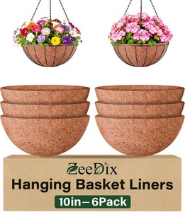 ZeeDix 6 Pack 10 Inch Coconut Liners for Planters, Round Hanging Basket Liners Natural Coco Coir Replacement Liner for Flowers Vegetables Patio Porch Garden Decor