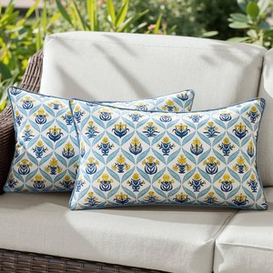 ANRODUO Floral Outdoor Pillow Covers 12x20 Waterproof Set of 2 Lumbar Block Print Decorative Cushion Cases with Refined Edge Piping for Summer Patio Porch Garden Couch Sofa Bench Decor Yellow
