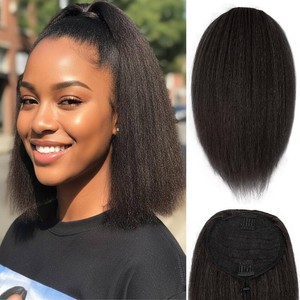 12Inch Yaki Straight Drawstring Ponytail for Black Women Synthetic Thick Kinky Straight Pony Tail Short Length Natural Black Ponytail Extension for Daily Party Use(2# Natural Black)