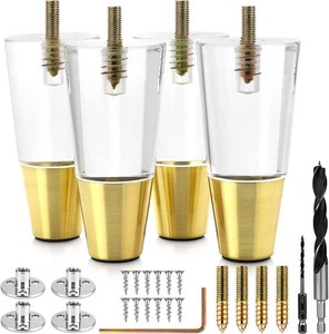 $40 Acrylic Furniture Legs With Gold Caps - Mid Century Legs For Couch, Sofa, Chair, Table, Dresser, Bed, Cabinet - Furniture Feet Are Easy To Install & Include Installation Hardware - Set of 4, 4 Inches