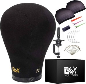 $25 GEXWORLDWIDE GEX 20-24 Canvas Cork Wig Block Mannequin Head for Wig Making Drying Styling Display with Table C Clamp Stand Holder (Black 22.5)