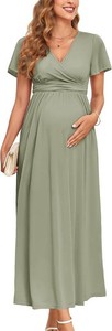 $45 AISWI 2025 Womens Maternity Maxi Dress Long Sleeve Wrap V Neck Pregnancy Dresses with Pockets Baby Shower Photoshoot Formal Size M
