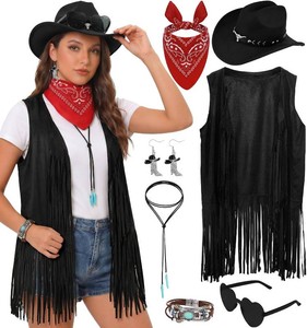$36 Western Cowgirl Outfits for Women Long Fringe Sleeveless Vest Retro 70s Cowboy Accessories Hippie Country Set 7PCS Size L