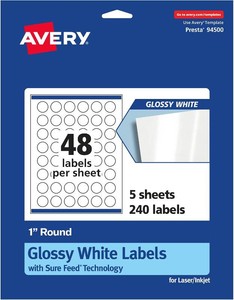 Avery  Round Labels, Sure Feed  Technology, 1 Diameter, 240 Glossy White Labels (36485)