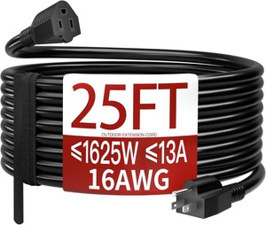 Skrizcable 163 25 FT Outdoor Extension Cord Waterproof, Black Power Cord  Weatherproof & Flame Retardant, 25 Foot Appliance Extension Cord Outside for Lawn & Garden, 13A 1625W 16AWG SJTW, ETL Listed