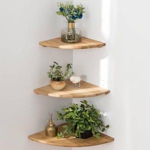 $57 Corner Shelves, Floating Corner Shelf, Set of 3 Solid Oak Wood Corner Wall Shelves, Round End with Wire Hole Shelving for Small Plant for Bedroom Kitchen, Living Room (Size 91012in)