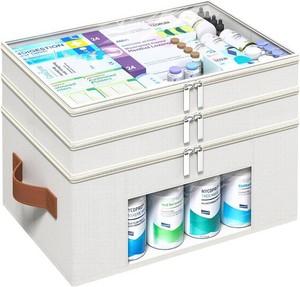 Medicine Organizer for Cabinet, 3-Tier, Beige  Foldable Storage Box, Fabic Medicine Organizer, Clear PVC Cover, Leather Handle, Empty First Aid Kit for Home and Travel
