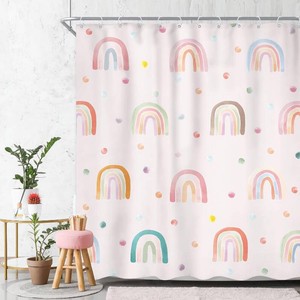 Pink Rainbow Shower Curtain Girls Colorful Polka Dot Bathroom Curtain Sets  60 W x 72H Cute Kid Geometric Polka Dot Lovely Shower Curtain Bathroom Decor Fabric Polyester Waterproof with 12 Pack Hooks