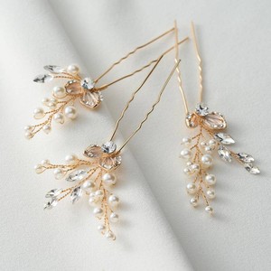 SWEETV Hair Pins, 3Pcs Bridal Hair Accessories Pearl Bride Wedding Hair Pins Leaf Bridal Head Piece Rhinestones Gold Hair Jewelry for Women and Girls  3Pcs