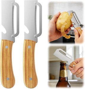 Multi-Functional Vegetable Peeler with Wooden Handle and Bottle Opener,Ultra-Sharp Stainless Steel Blade Kitchen Tool for Fruit Apple Potato Pumpkin Papaya