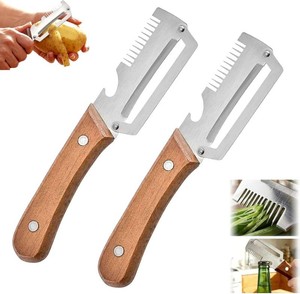 2PCS Multifunctional Vegetable Peeler, 3 in 1 Multi Functional Wooden Handle Peeler, Grater and Bottle Opener, Kitchen Gadgets for Potato, Carrot, Pumpkin, Apple