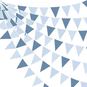 32Ft Dusty Blue Party Decorations Retro Blue Gingham Triangle Banner Flag Pennant Fabric Garland Streamers for Nautical Wedding Birthday Ahoy Achor Bridal Shower Under The Sea Coastal Decor Supplies