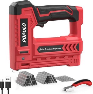 $47 POPULO Electric Staple Gun 5 in 1 Band Nailer, 4V Rechargeable Cordless Stapler, Pin Nail Gun Battery Powered with 2,000 Staples and Nails, Power Wire Staple Gun for Home, Wood, Upholstery, DIY