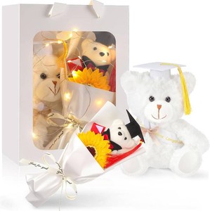 $21 Graduation Bear Gift Set Class of 2026 Graduation Stuffed Animal Bear with Gown Cap Tassel Class of 2026 Grad Card Soap Artificial Flower Box Grad Gifts for Her Him(Champagne)