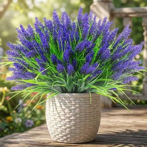 Rowfad 22 Pcs Artificial Outdoor Flowers UV Resistant Lavender Fake Greenery Plants Grass with Purple Flowers for Pot Decor for Window Garden Patio Hanging Planter Pathway Front Porch (22, Purple)