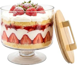 $40 Trifle Bowl with Pedestal and Lid, 70oz - Crystal Clear Glass, Wood Lid with Convenient Handle and Sealing Ring, for Laying Layered Dessert, Ice Cream and Cake, Ideal for Party Displays