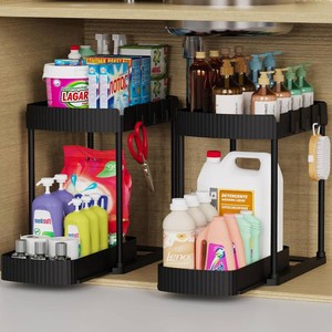 2 Packs Under Sink Pull-Out Storage Organizers, 12.8 Inches, Black  Multi-Purpose Cabinet Organizers and Storage for Bathroom & Kitchen