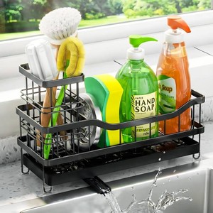 Sponge Holder for Kitchen Sink, Self-Draining Sink Caddy Organizer with Removable Brush Holder, Rustproof Metal Sponge Rack for Countertop, Fits Soap Dispenser & Scrubber, Black