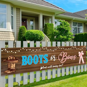 Boots or Bows Yard Banner  5.9 X 1.3 Ft Cowboy or Cowgirl Gender Reveal Decorations, Boots and Bows Gender Reveal Decorations Backdrop, Western Decor