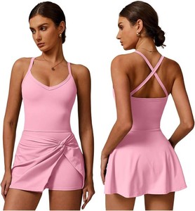 OMEWEE Womens Tennis Dresses Twist Front Split Ruffle Cami Dress with Shorts Golf Active Dress Womens Size L