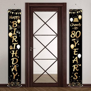 Blulu 2 Pcs 80th Birthday Banner Decorations for Men Women, Black Gold Happy 80th Birthday Party Decor Supplies, Cheers to 80 Years Welcome Porch Sign Celebration Backdrop