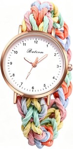 JewelryWe Womens Stretch Band Watches Analog Quartz Elastic Watch Colorful Weave Rope Expansion Band Wristwatch for Summer Daily and Office