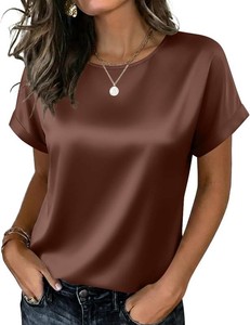 Zeagoo Satin Silk Blouses Short Sleeve Crewneck Top for Women Dressy Casual  Satin Blouse,Silk Tops for Women,Short Sleeve,Crew Neck,Relaxed Fit,Business Casual,Office Wear,Smooth,Summer Fall Outfit Womens Size XXL