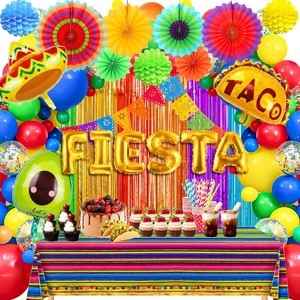 Fiesta Party Decorations Mexican Themed Party Decorations Fiesta Balloon Garland Arch Kit Tablecloth Fiesta Backdrop Foil Table Centerpiece for Mexican Fiesta Cinco De Mayo Party Decorations