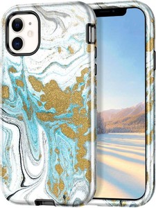 CASEFIV Compatible with iPhone 11 Case,Marble Pattern 3 in 1 Heavy Duty Shockproof Full Body Rugged Hard PCSoft Silicone Drop Protective Women Girls Cover for iPhone 11, Seasalt Blue