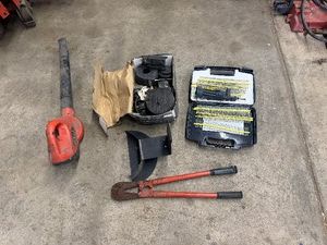 Tools - Sander, Cordless Blower, Bolt Cutter, Nail Gun (parts), Quick Drive Pro, Hose Reel (Handymans special - some need TLC))