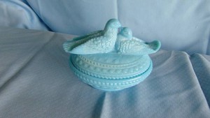 Vintage Blue Slag Glass Love Bird Dish